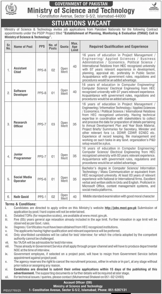 Career Opportunities at Pakistan's Ministry of Science and Technology