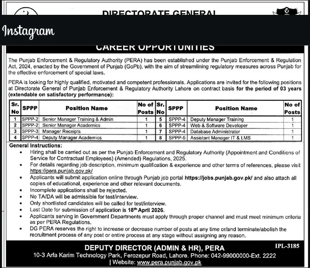 Punjab Enforcement and Regulatory Authority PERA Jobs